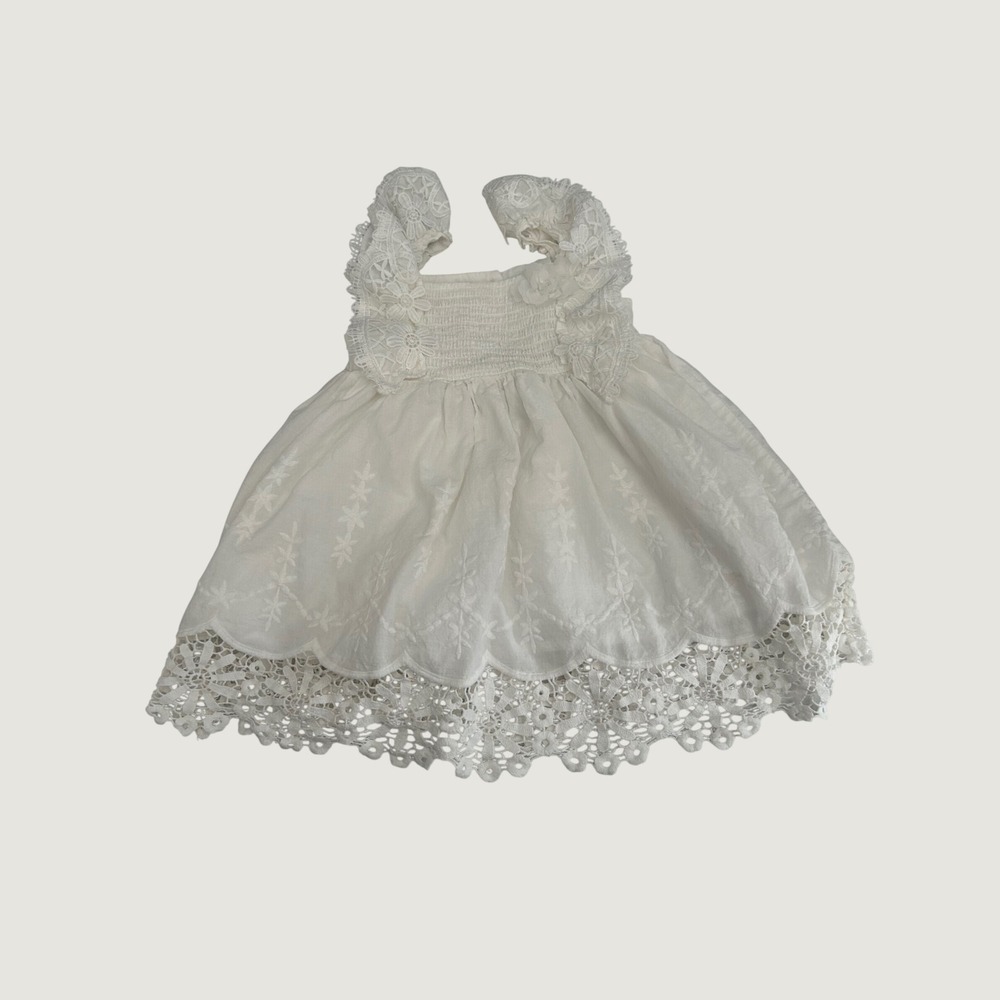 Baby Biscotti Dress Baby 12M White Lace Floral Embroidery Smocked Ruffle Straps